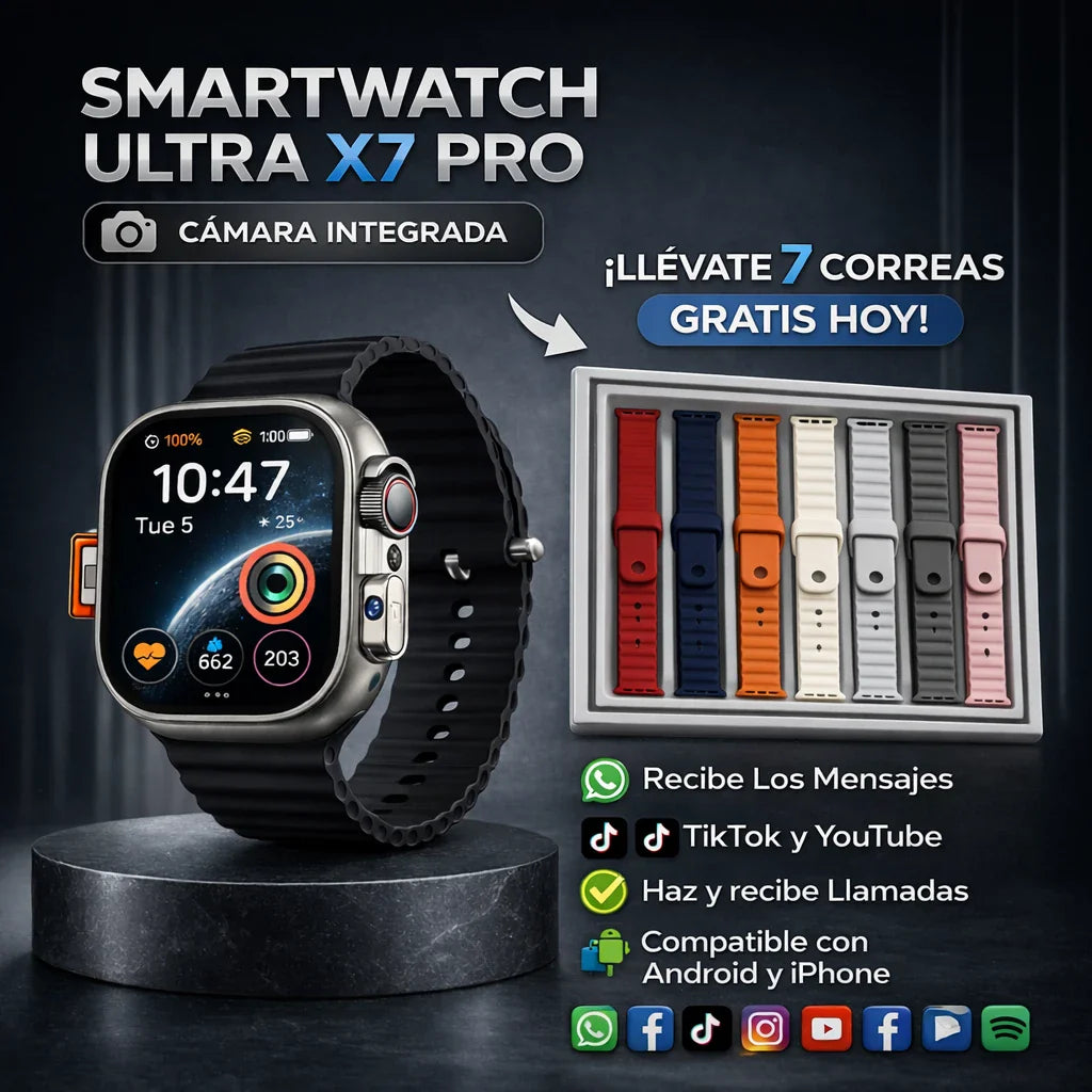 SMARTWATCH ULTRA X7 PRO – CON CÁMARA + CHIP + 7 CORREAS GRATIS 🎁