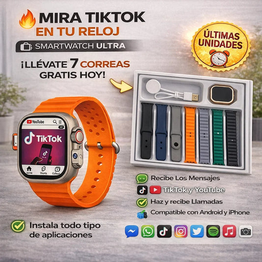 RELOJ INTELIGENTE SMARTWATCH ULTRA CON CÁMARA + CHIP + 7 CORREAS GRATIS 🎁